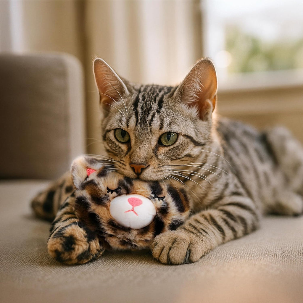 Anxious adult cat relaxing next to the warmed Catstages Calming Kitty Pal plush