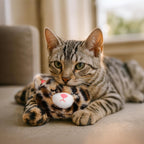 Anxious adult cat relaxing next to the warmed Catstages Calming Kitty Pal plush