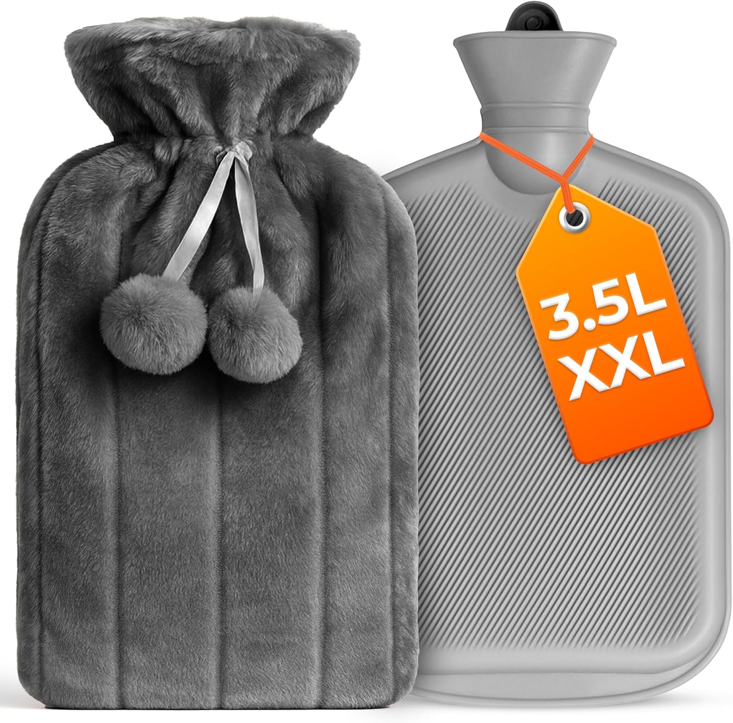 Volila extra large grey hot water bottle front view showing plush faux fur cover with pom pom ties