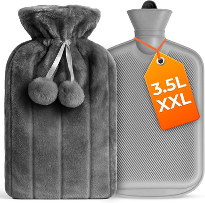 Volila extra large grey hot water bottle front view showing plush faux fur cover with pom pom ties