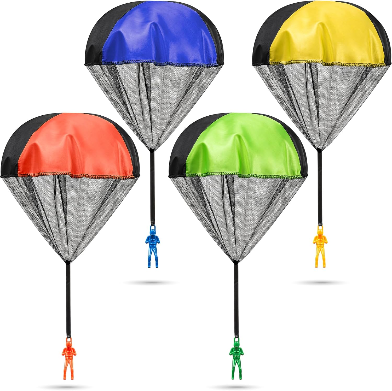 KiddieLoot Tangle Free Throwing Parachute Toys front view of four multi colored packs
