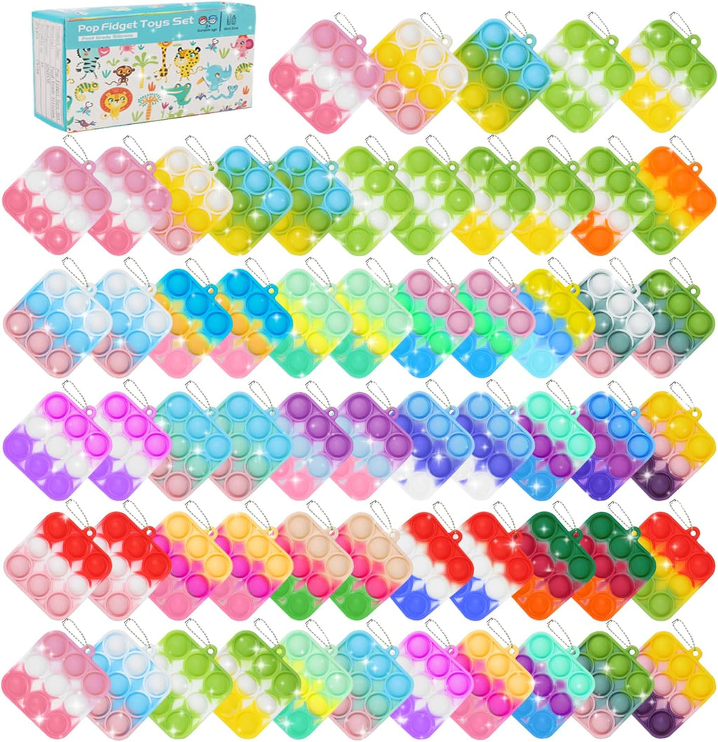 SINFOX 57 pieces mini pop fidget keychains box front view showing assorted colorful square silicone bubble poppers for kids party favors