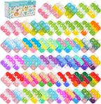 SINFOX 57 pieces mini pop fidget keychains box front view showing assorted colorful square silicone bubble poppers for kids party favors