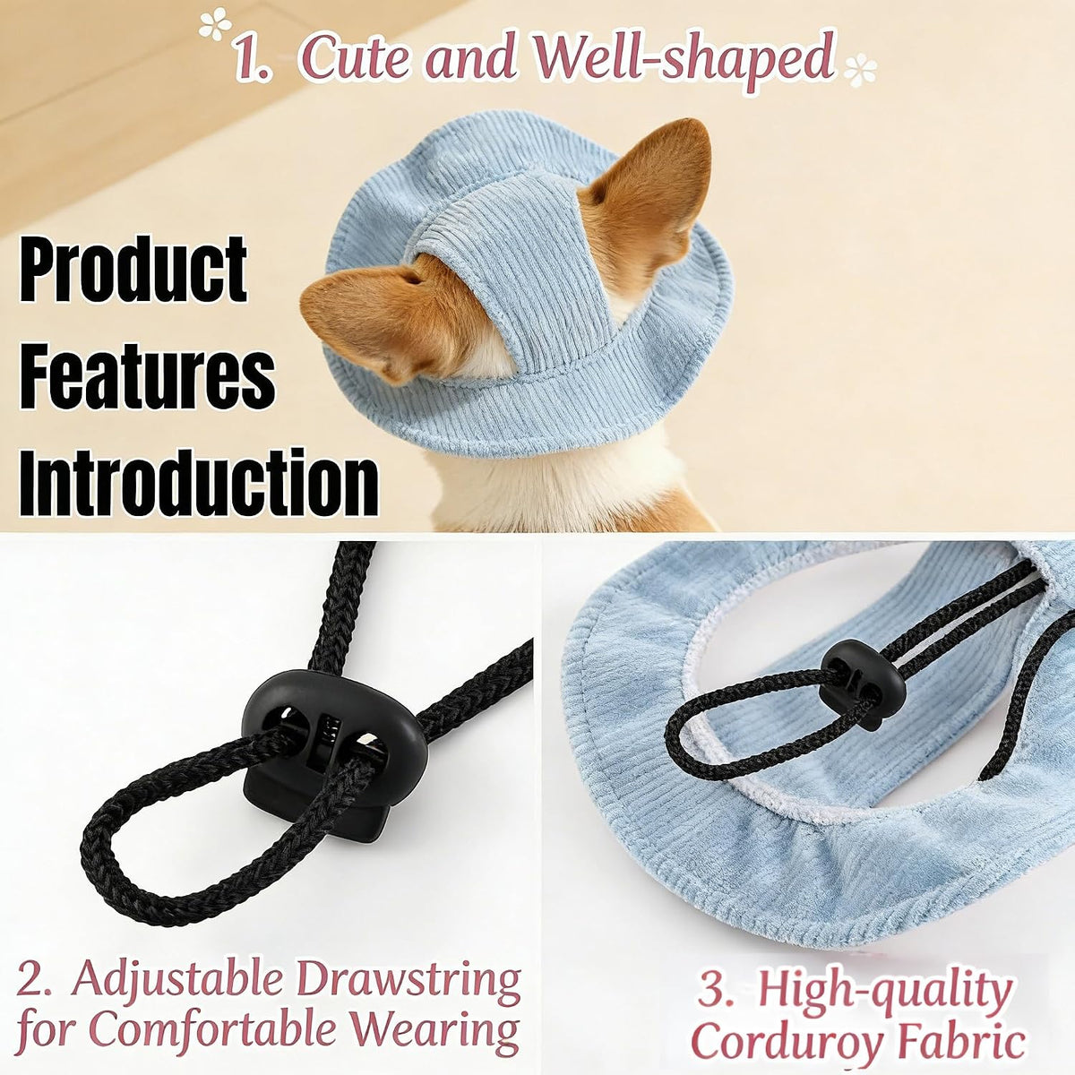 Adjustable drawstring strap detail on dog cap