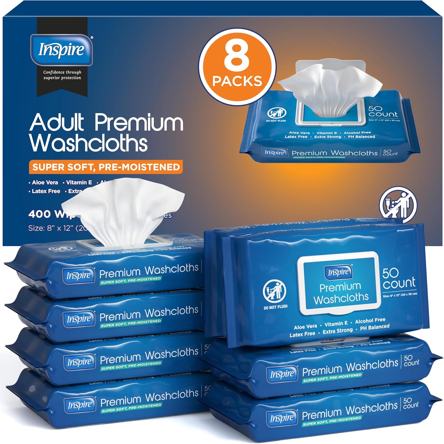 Inspire Adult Wet Wipes 8 pack front view