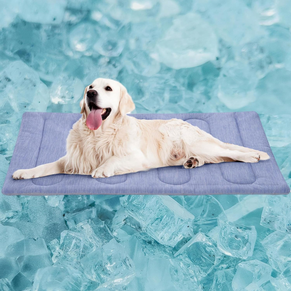 PAIGTEK cooling mat for large dogs front view laid flat showing the blue quilted cooling fabric texture