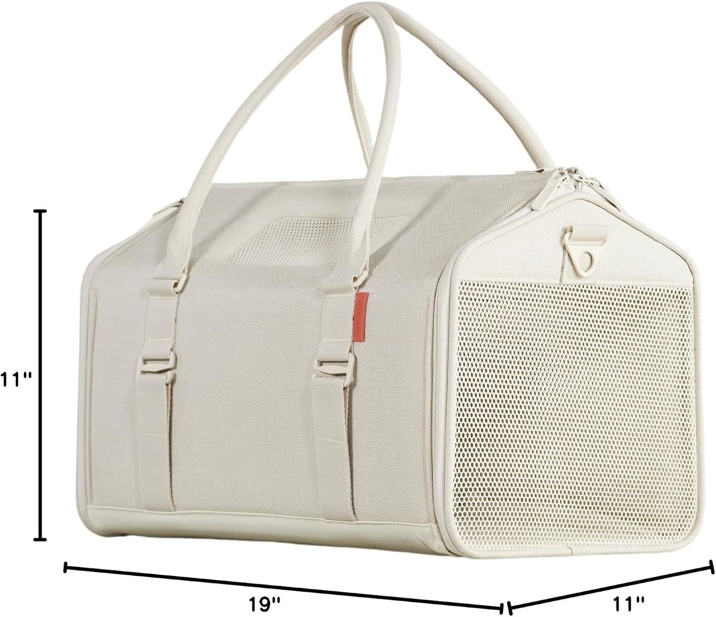 Modern light sand cat travel bag shown from an ergonomic side angle.