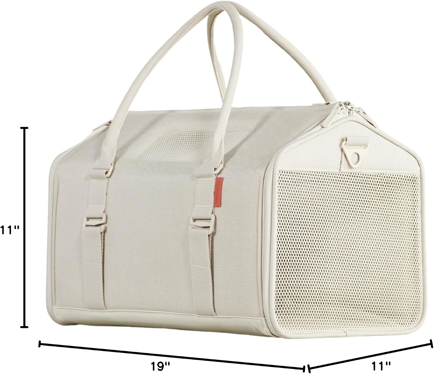 Modern light sand cat travel bag shown from an ergonomic side angle.
