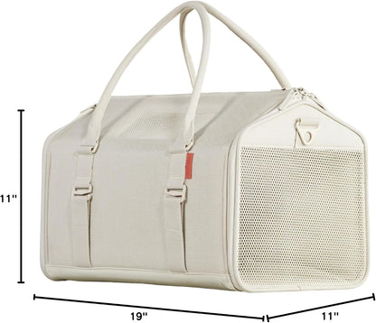 Modern light sand cat travel bag shown from an ergonomic side angle.