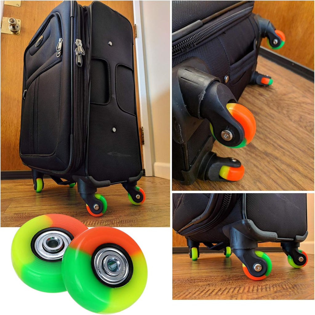 Step by step application visual for installing OwnMy 50mm wheels onto travel baggage.