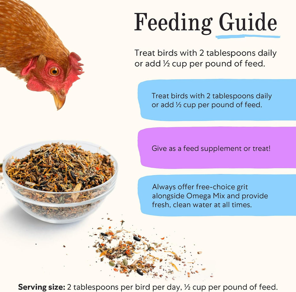 Grubbly Farms chicken feed topper package back view with feeding guidelines