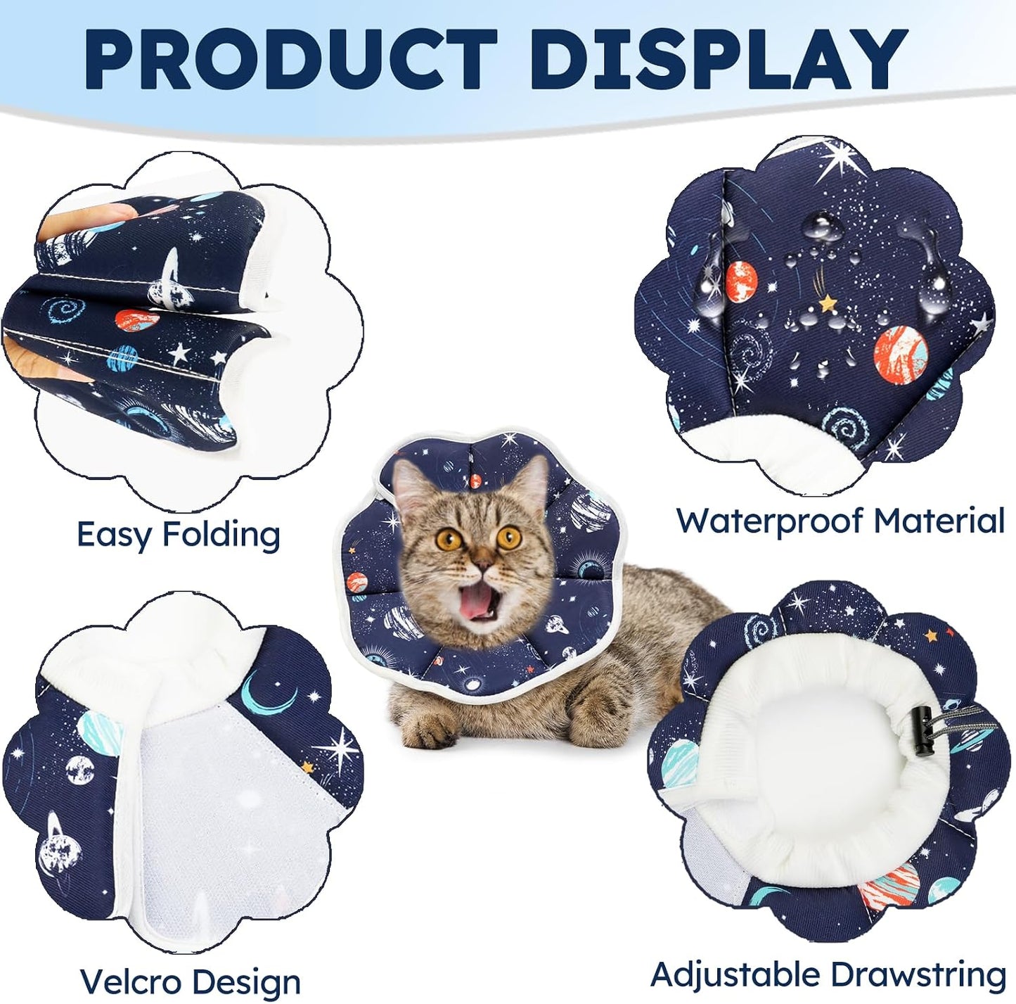 Waterproof cat recovery collar after surgery showing adjustable buckle and velcro strap