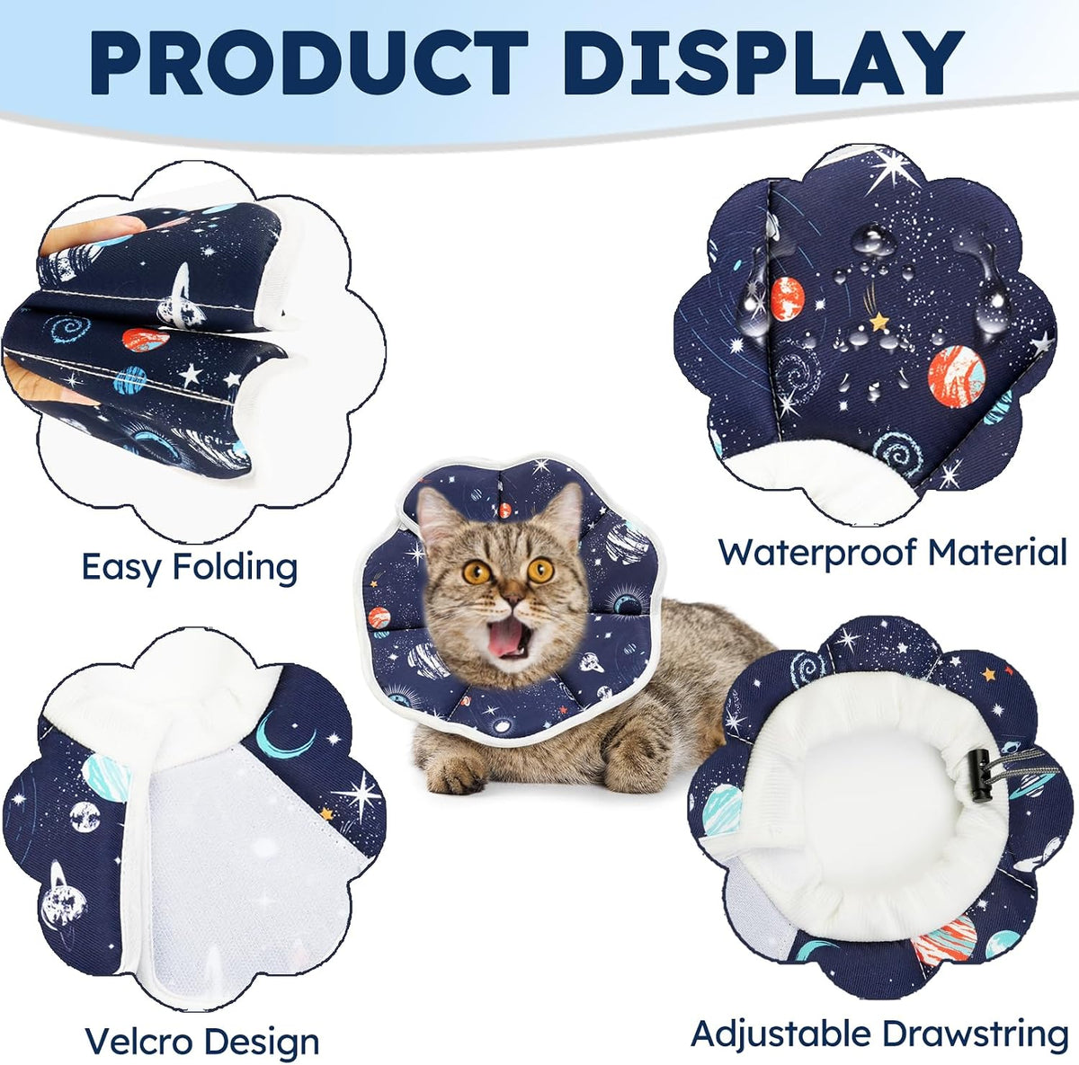 Waterproof cat recovery collar after surgery showing adjustable buckle and velcro strap
