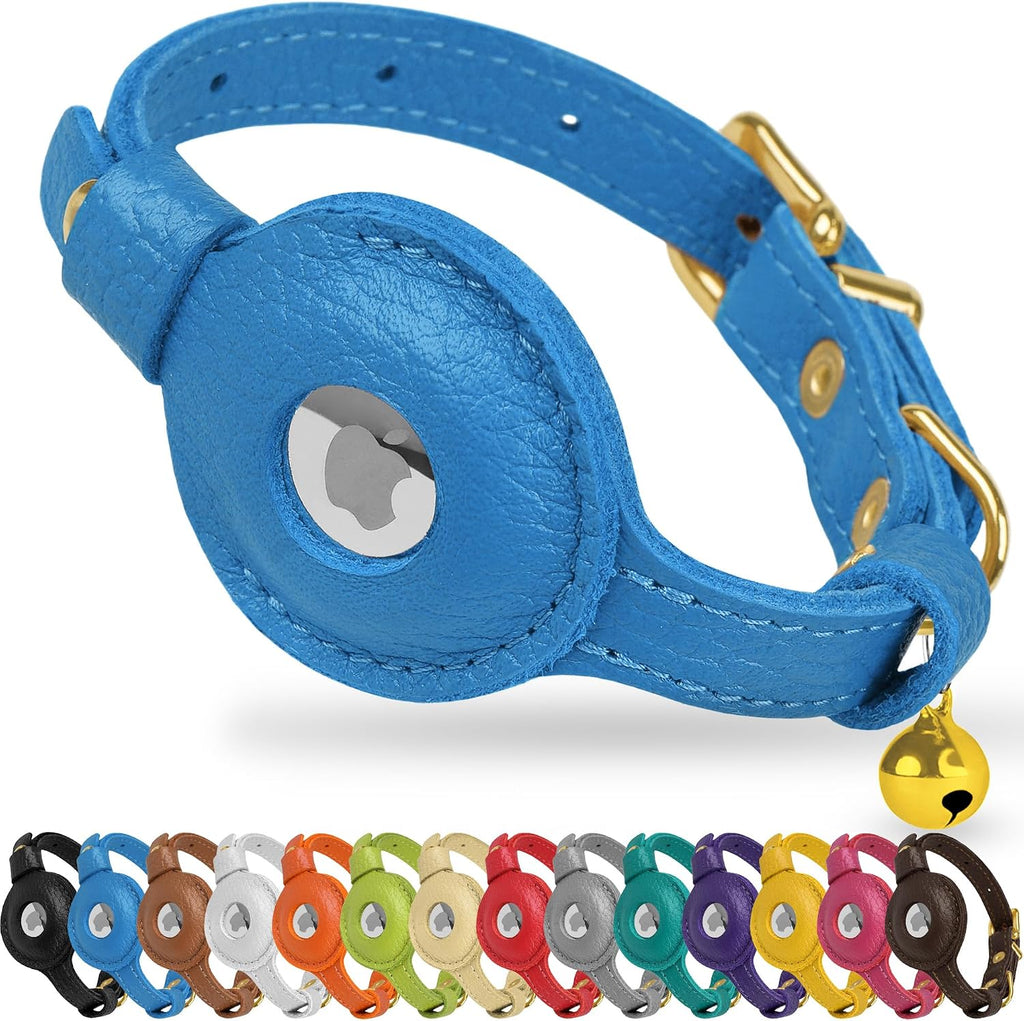 OOPSDOGGY Leather AirTag Cat Collar with Bell - Non Breakaway Kitten Collar with Apple Air Tag Holder - Lightweight GPS Pet Collars for Girl Boy Cats, Small Dogs, Puppies (Aquamarine) - Image 9
