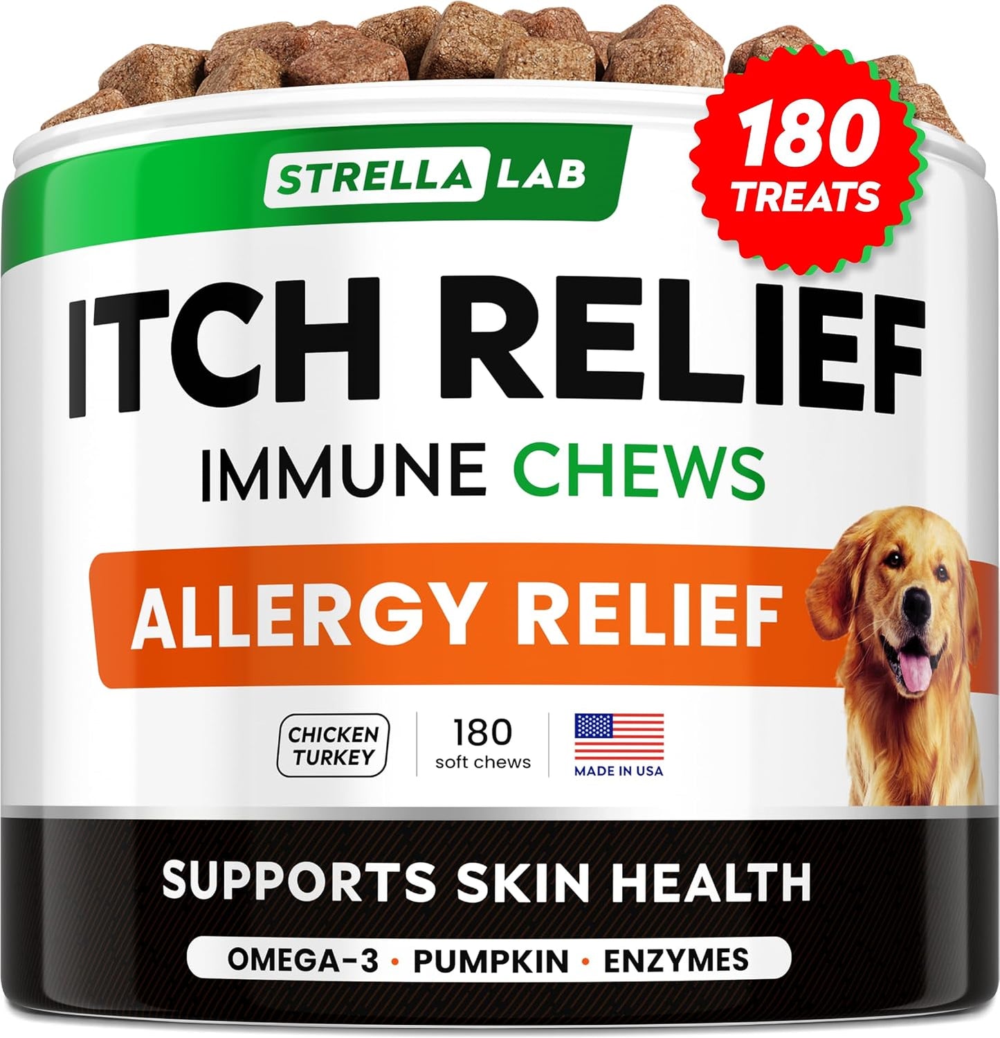 StrellaLab Dog Allergy Relief & Anti Itch Support Chews w/Omega 3: Real Ingredients, Real Taste! Skin & Coat Immune Supplement w/Fish Oil, Pumpkin & Enzymes - Developed by Experts - Made in USA -120Ct - Image 15