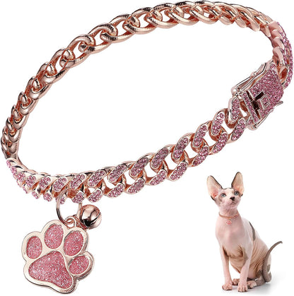 Hillban Cat Collar Diamond Chain Glitter Collar Walking Metal with Secure Buckle Cat Pet Necklace with Paw Charm and ID Tag Bell Link Cuban Jewelry Accessories Gift(10 Inch,Gold) - Image 12