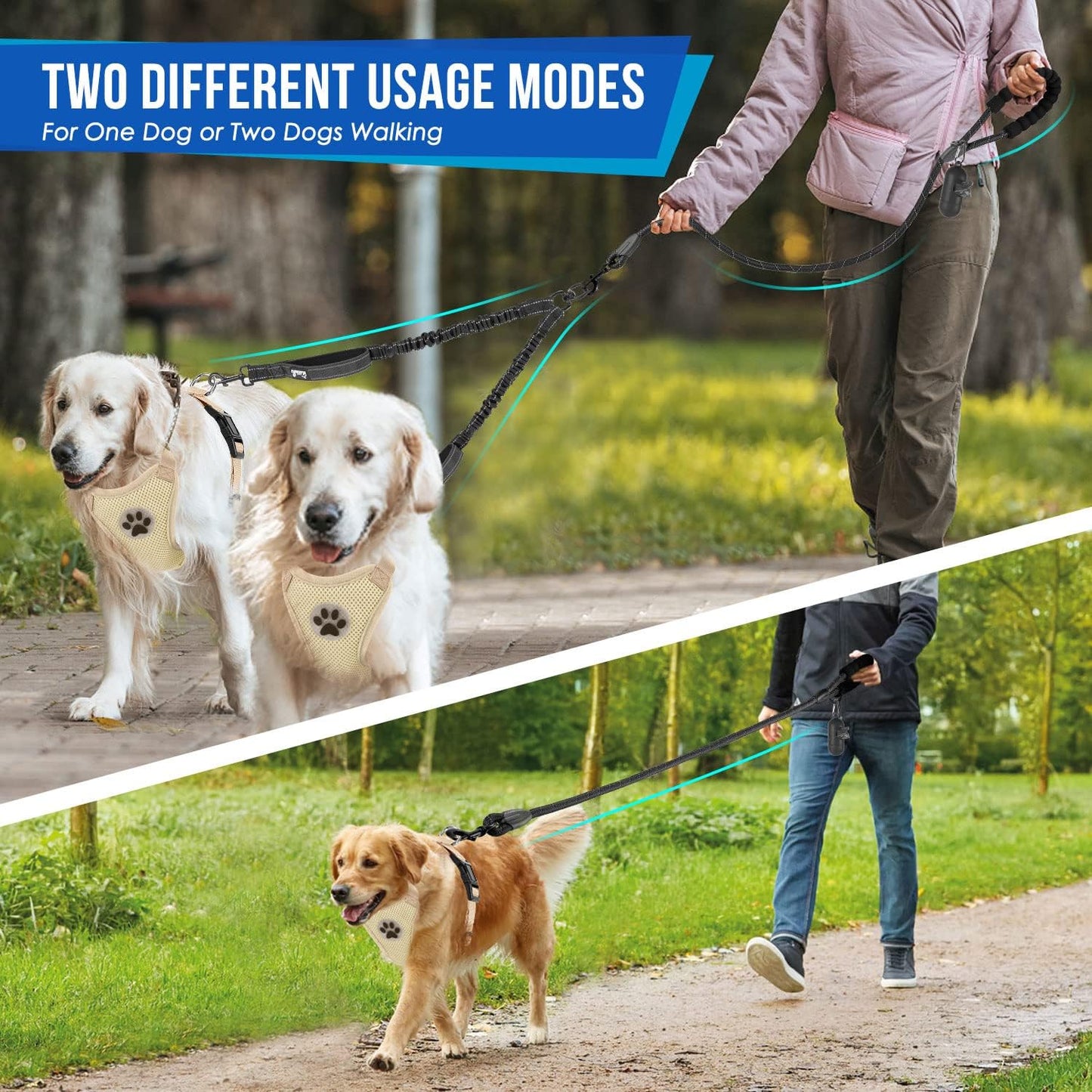 SlowTon dual dog walking training leash extended to show total length and stretching capability.