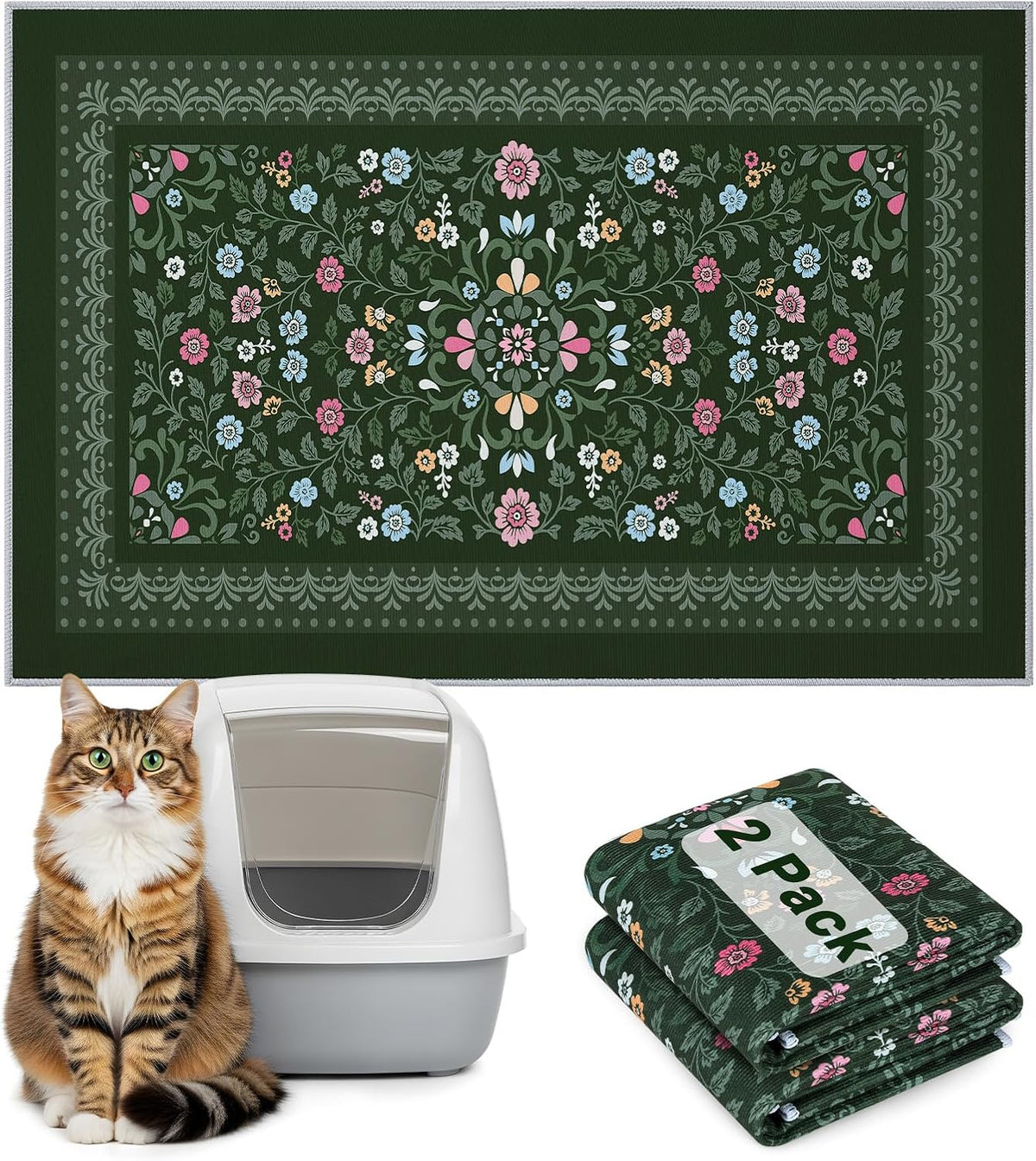 Bienbee Cat Litter Mat, 2PCS 33"x22" Machine Washable Litters Box Mats Non-Slip &Waterproof Cat Litters Trapping Mats Easy to Clean Mat for Litter Box Less Waste Protects Floors Dark Green L - Image 11