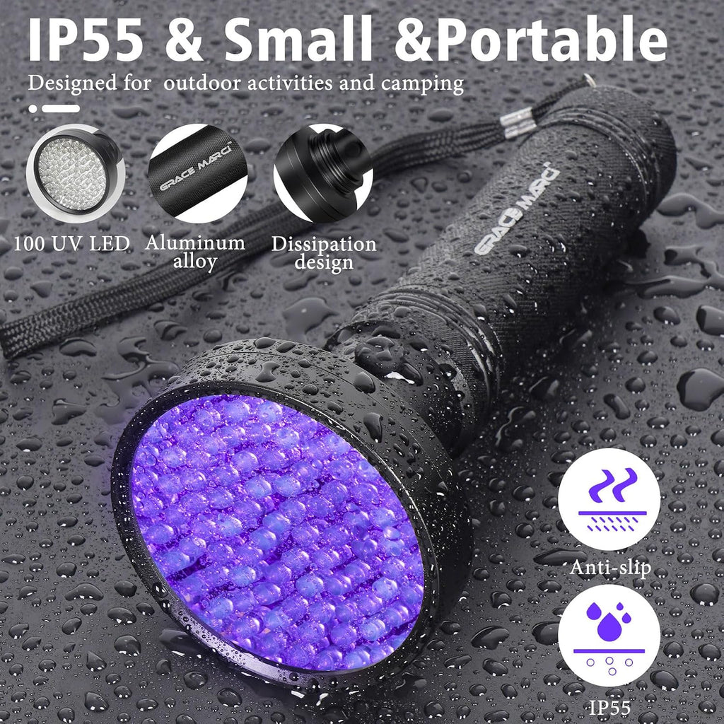 Heavy duty aluminum alloy UV flashlight being used outdoors to spot a glowing scorpion in the dark.
