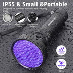 Heavy duty aluminum alloy UV flashlight being used outdoors to spot a glowing scorpion in the dark.