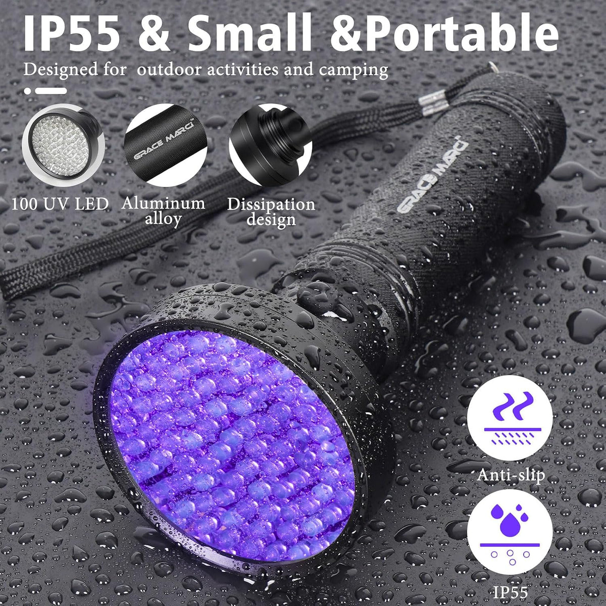 Heavy duty aluminum alloy UV flashlight being used outdoors to spot a glowing scorpion in the dark.