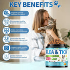 Natural cat flea chewables nutrition facts label showing omega fatty acids and probiotics.