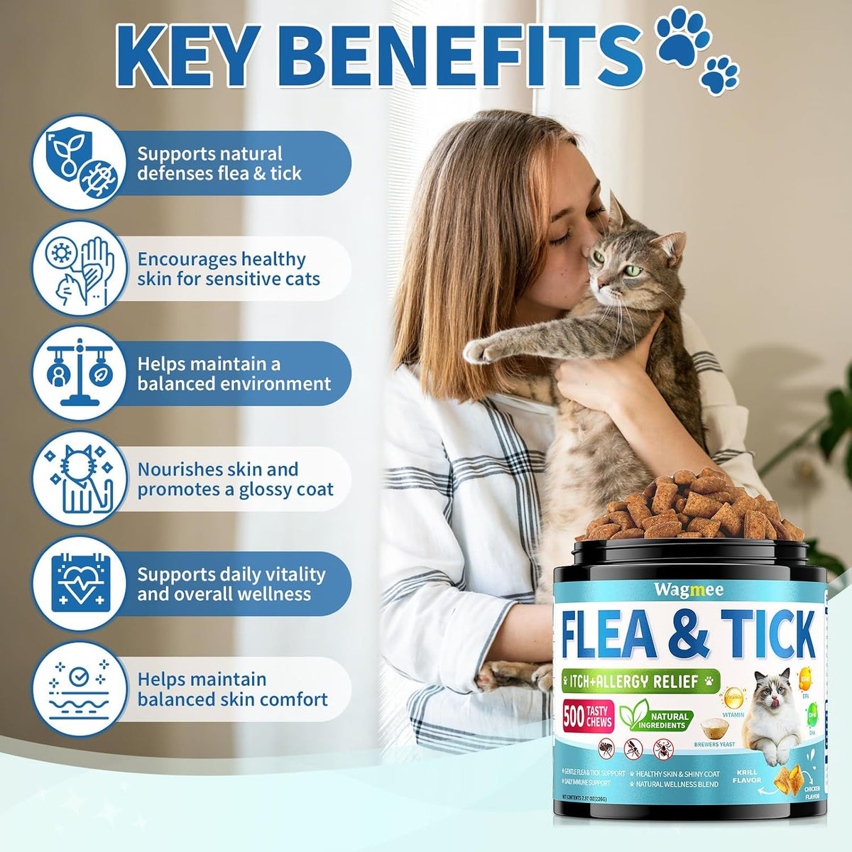 Natural cat flea chewables nutrition facts label showing omega fatty acids and probiotics.