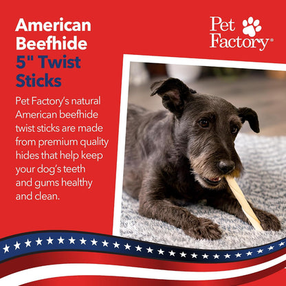 Close up of Pet Factory natural rawhide twist sticks for dogs