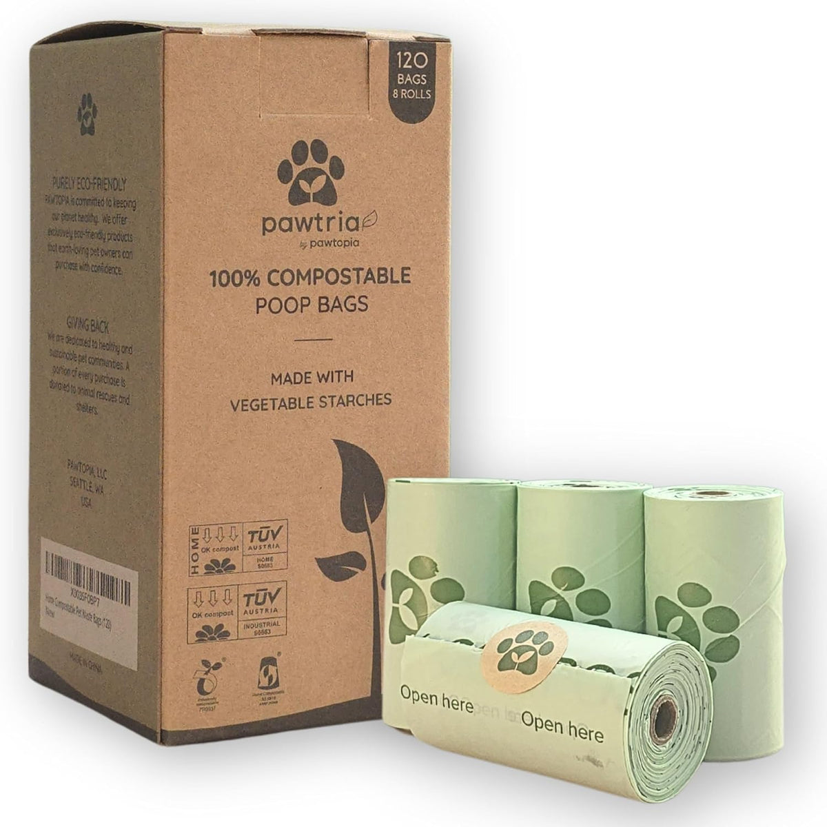 Pawtria Certified Home Compostable Dog Poop Bags Front View