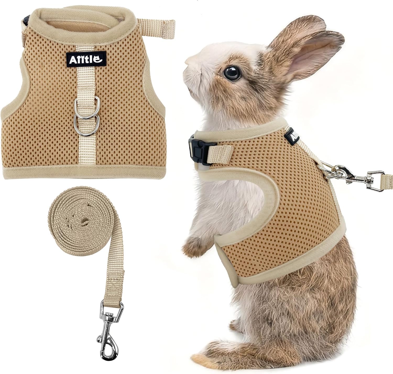 AIITLE breathable bunny harness and leash set in khaki color front view showing mesh fabric structure
