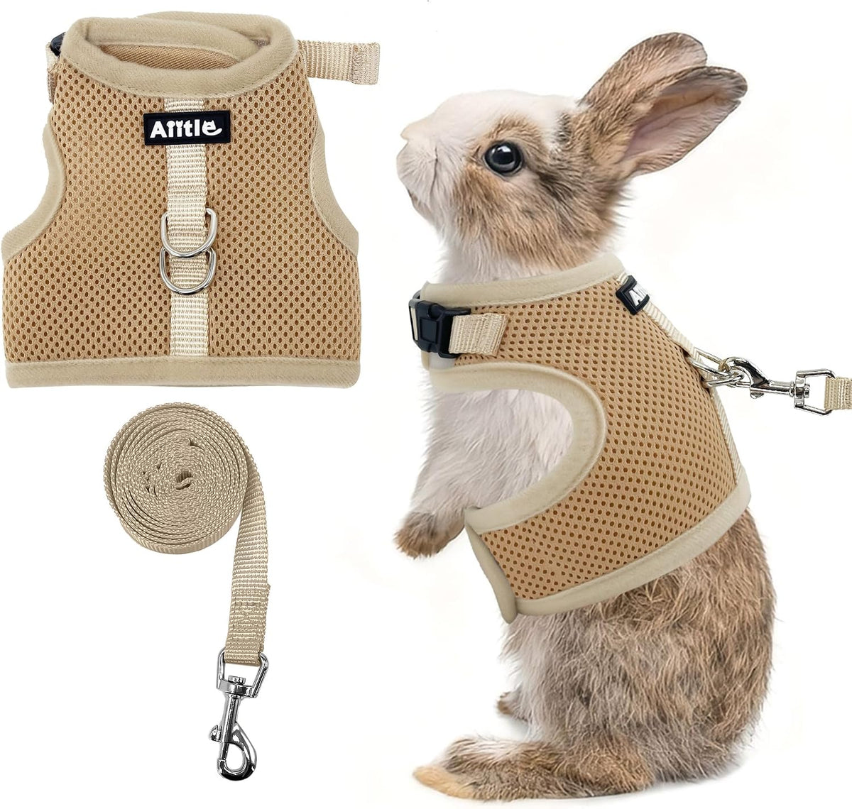 AIITLE breathable bunny harness and leash set in khaki color front view showing mesh fabric structure