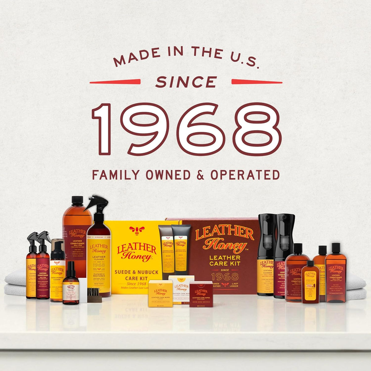 Leather Honey combo pack lifestyle view showing complete leather maintenance routine