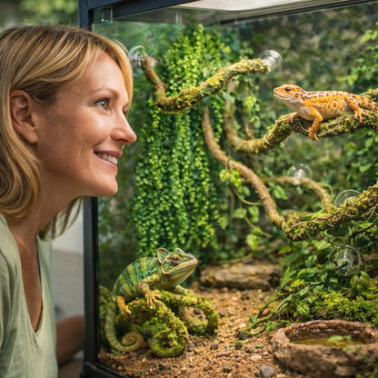 Reptile tank interior featuring lush Hercocci climbing accessories
