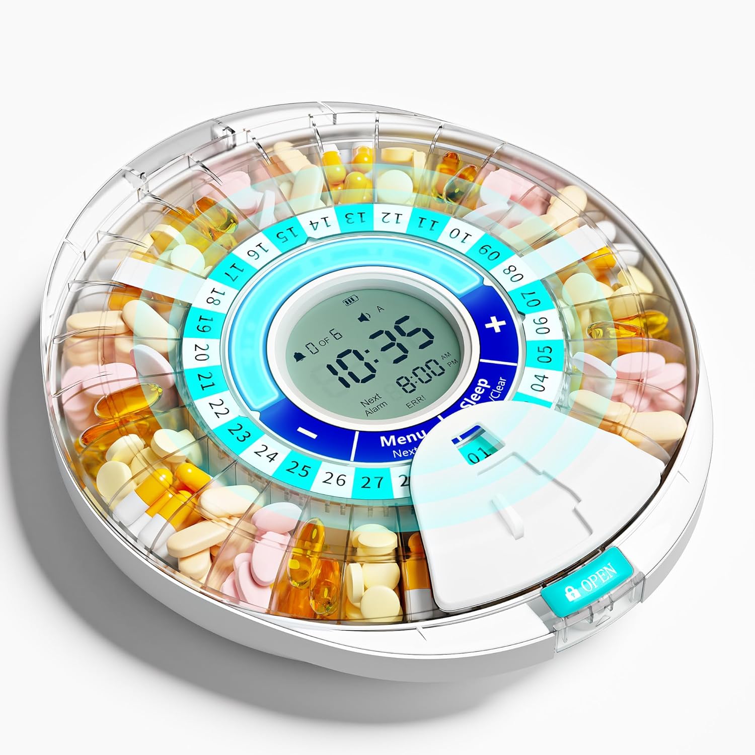 Windtrace automatic pill dispenser front view showing large LCD screen and electronic medicine management interface