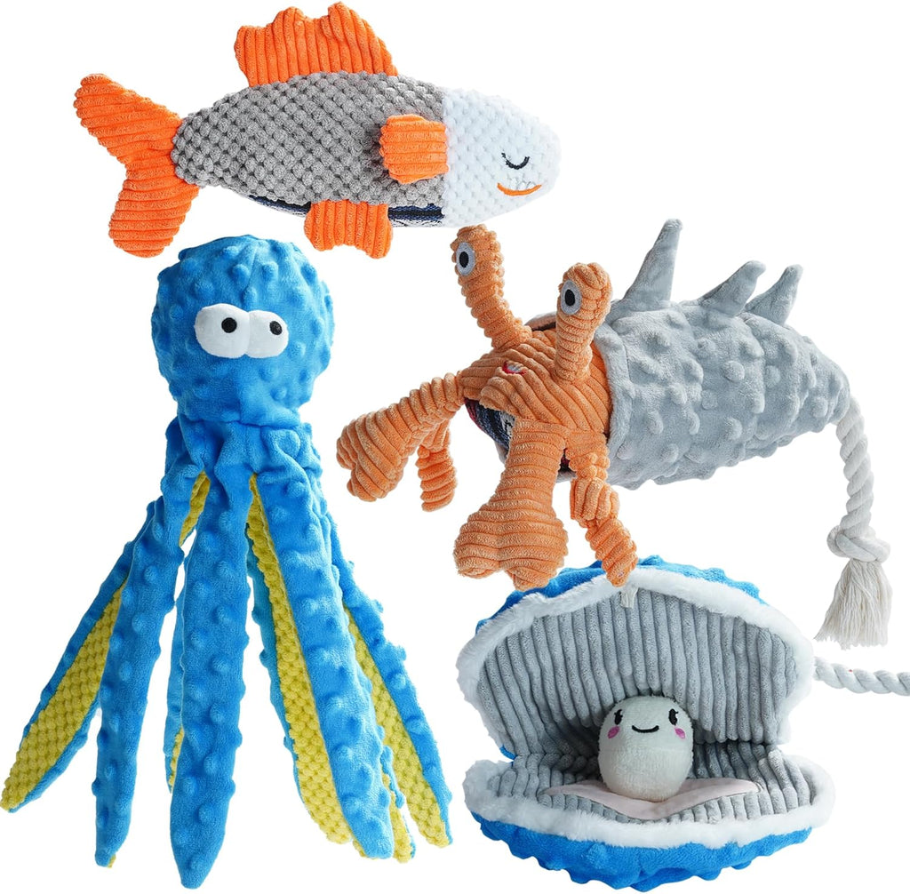 Nocciola crinkle squeaky dog toys front view showcasing the four pack ocean theme collection