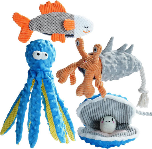 Nocciola crinkle squeaky dog toys front view showcasing the four pack ocean theme collection