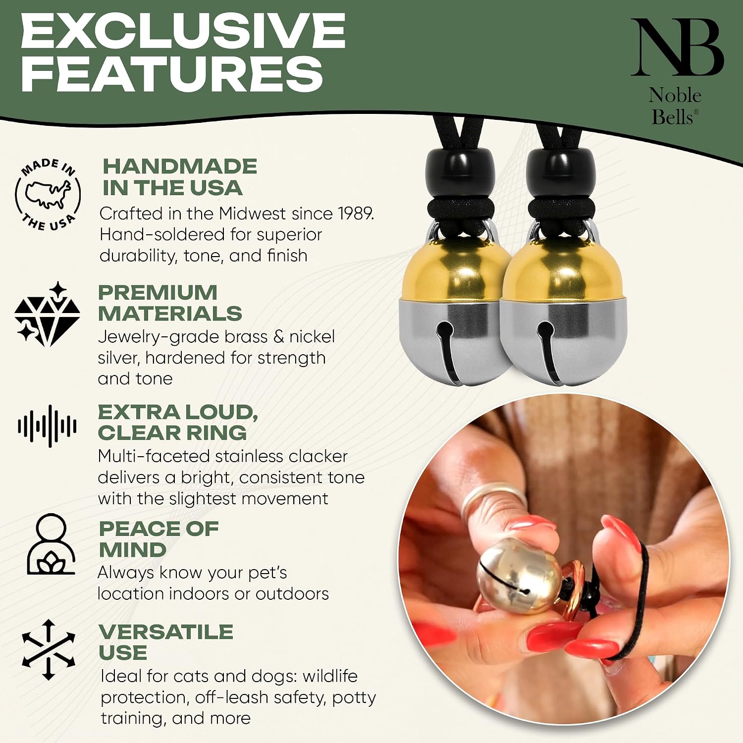 Noble Bells handmade pet collar bells with detachable elastic bands for quick installation.