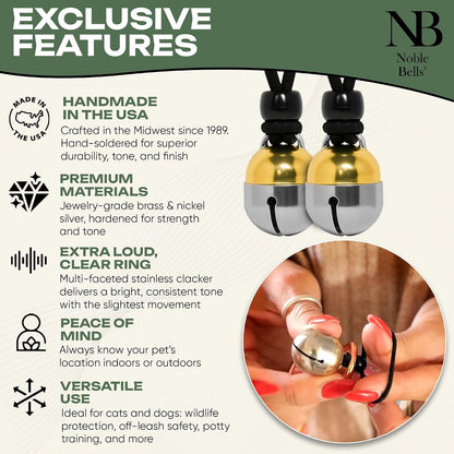 Noble Bells handmade pet collar bells with detachable elastic bands for quick installation.