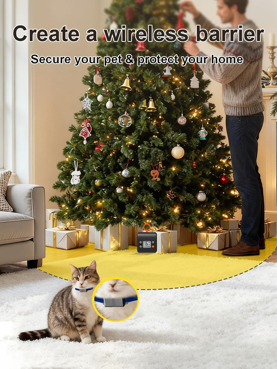 Indoor pet barrier transmitter hanging from a kitchen wall hook.