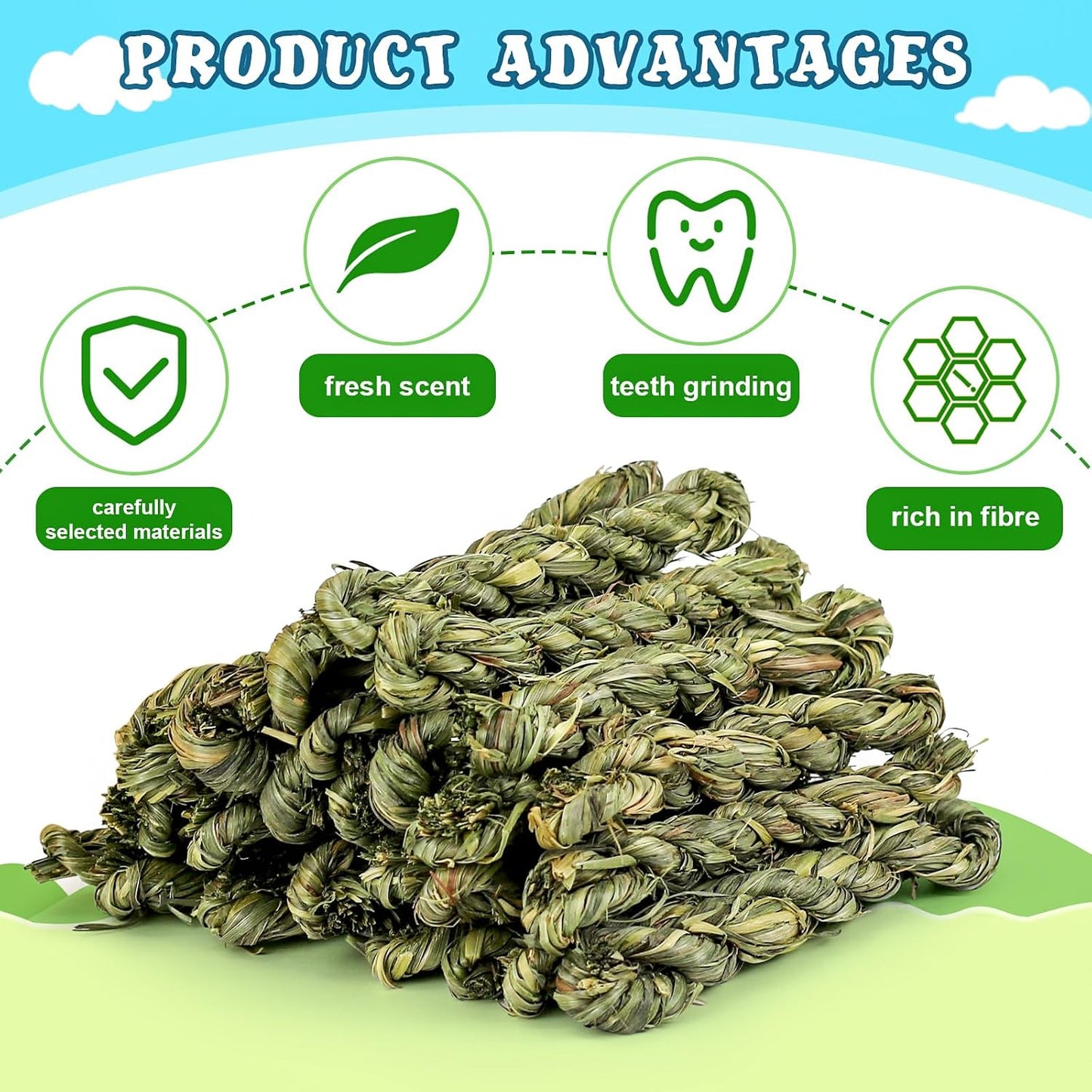 ERKOON small animal molar snacks package layout showcasing the high fiber ingredients.