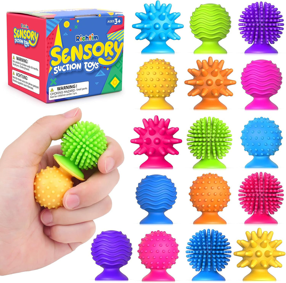Richtim 16 pack textured suction sensory fidget toys front view
