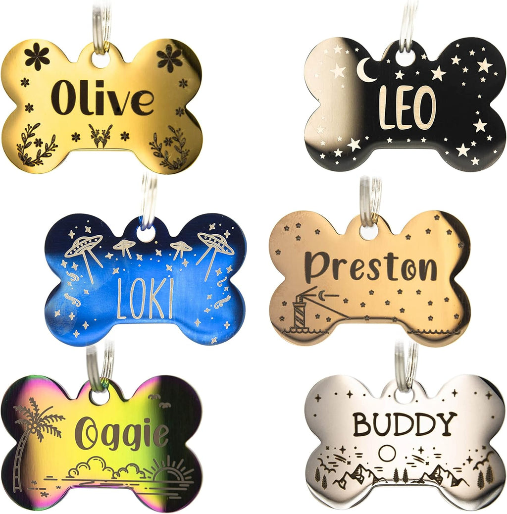 PetANTastic personalized dog tag front view showing deep engraved text on bone shape