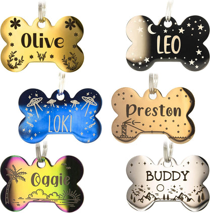 PetANTastic personalized dog tag front view showing deep engraved text on bone shape