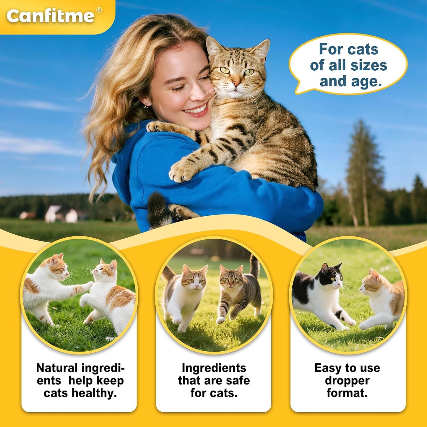 Carmelie liquid cat supplement being added to feline food bowl