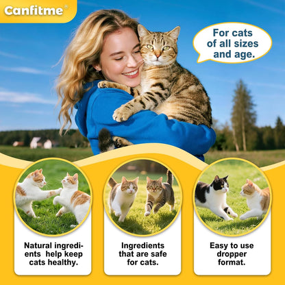 Carmelie liquid cat supplement being added to feline food bowl