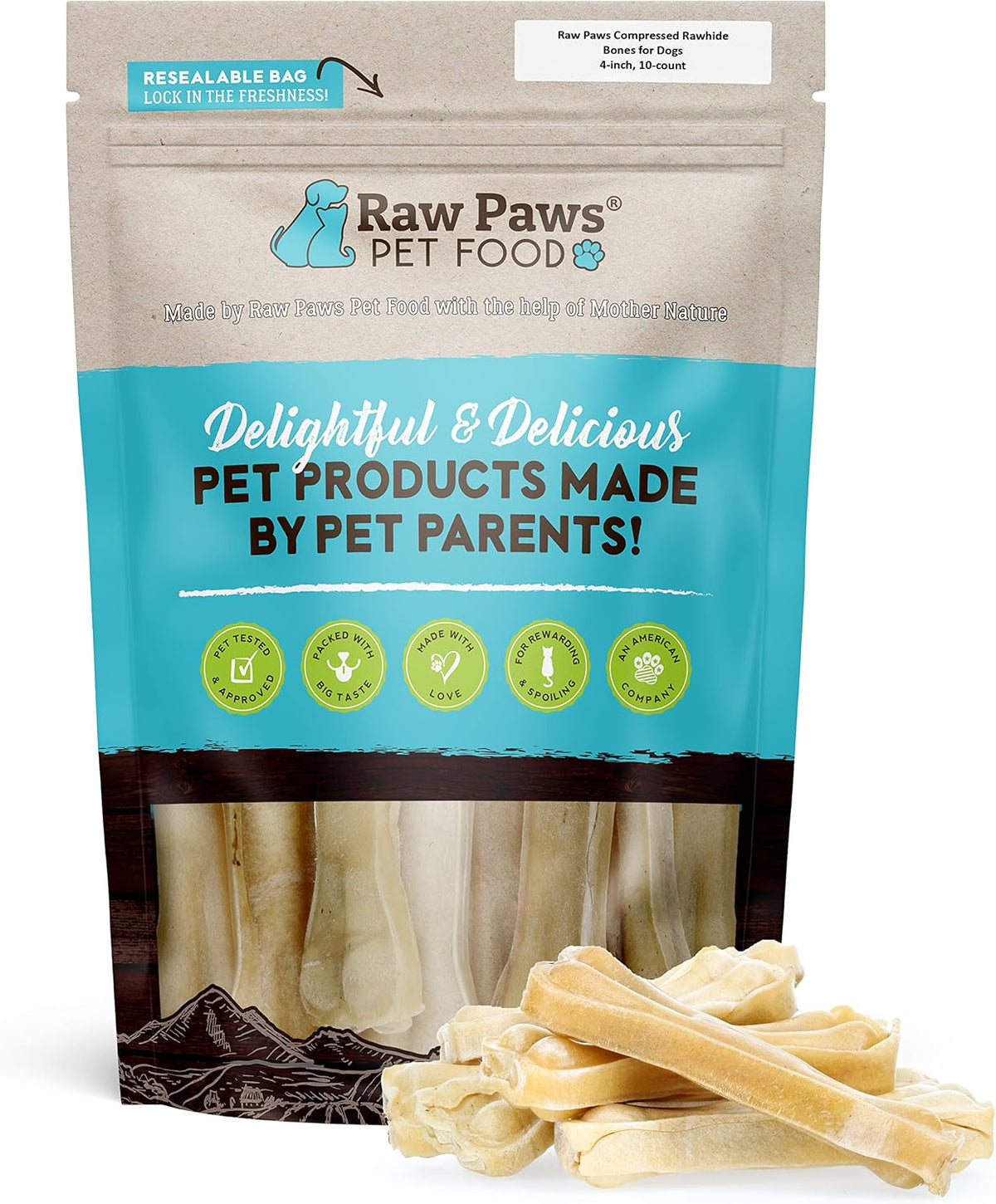 Back label view of Raw Paws compressed rawhide showing feeding guidelines and instructions