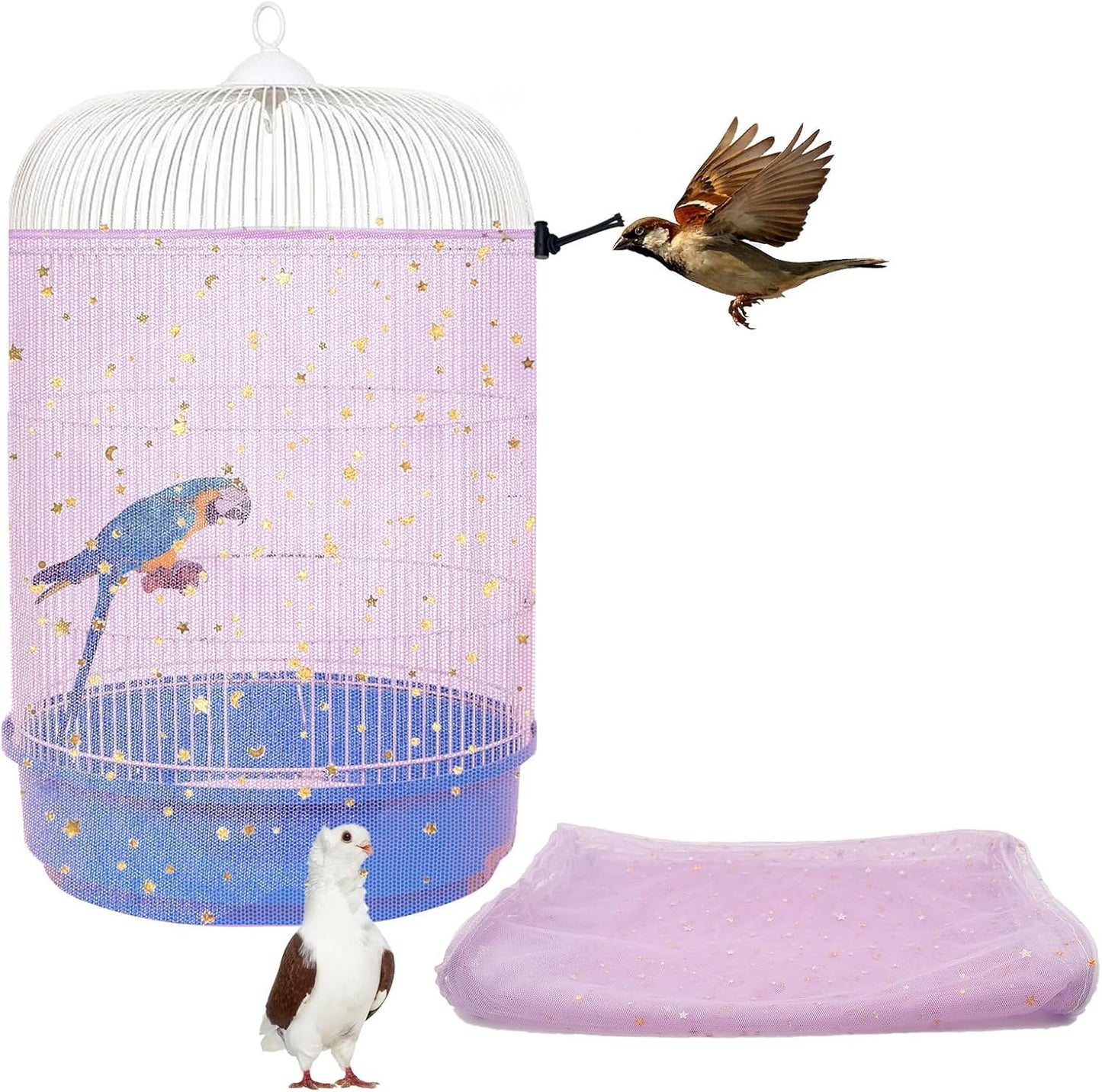 LYMOI white bird cage seed catcher with gold star pattern design details