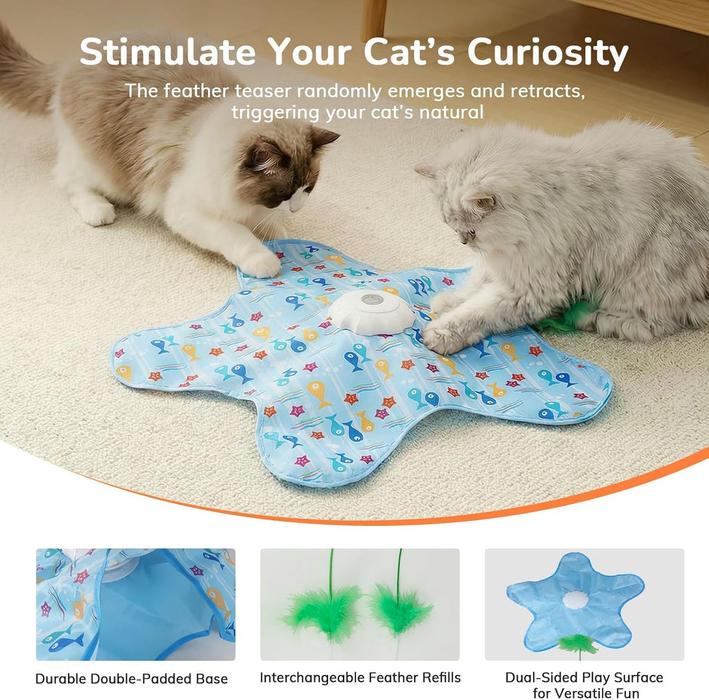 Durable claw resistant fabric pet play mat for cat hunting instinct stimulation.