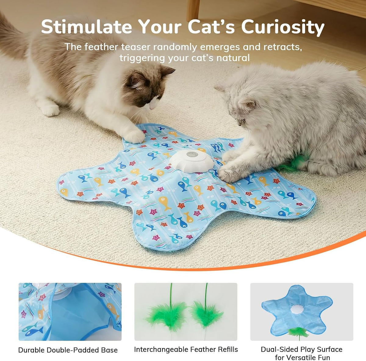 Durable claw resistant fabric pet play mat for cat hunting instinct stimulation.