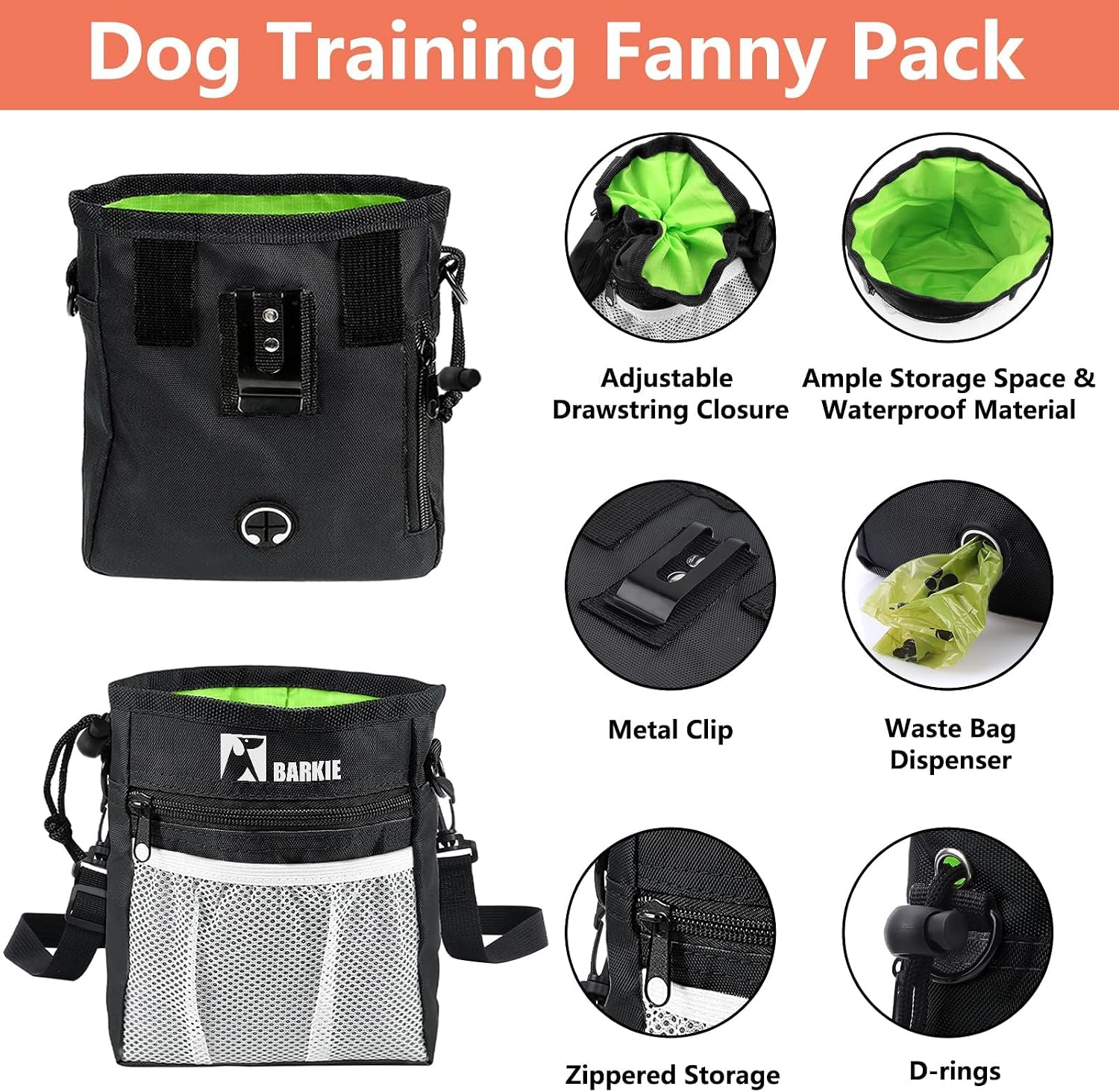 Barkie silicone dog treat pouch and Oxford cloth waist fanny pack for hands-free walks.
